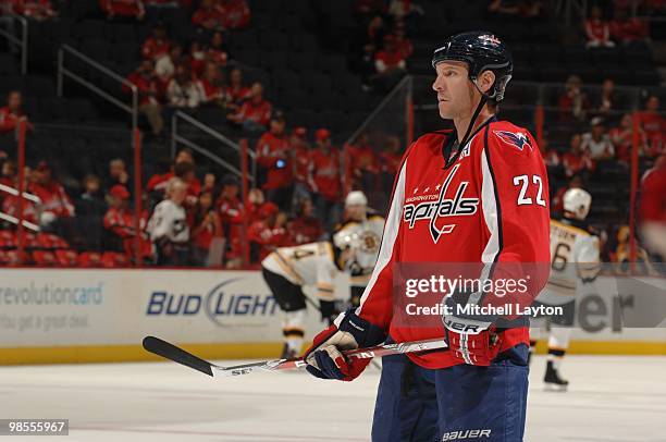 Mike Knuble of the Washington Capitals looks on during warm ups of a NHL hockey game against the Boston Bruins on April 11, 2010 at the Verizon...