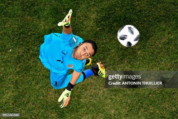 Costa Rica's goalkeeper Keylor Navas jumps for the ball during the Russia 2018 World Cup Group E football match between Switzerland and Costa Rica at...