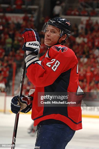 Alexander Semin of the Washington Capitals looks on during a NHL hockey game against the Boston Bruins on April 11, 2010 at the Verizon Center in...