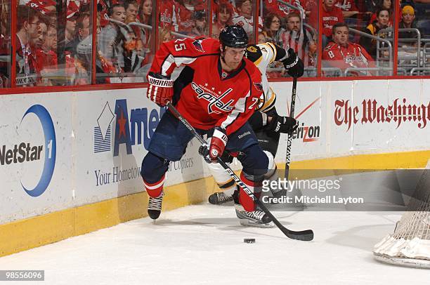 Jason Chimera of the Washington Capitals skates with the puck during a NHL hockey game against the Boston Bruins on April 11, 2010 at the Verizon...