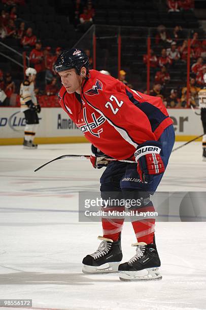 Mike Knuble of the Washington Capitals looks on during warm ups of a NHL hockey game against the Boston Bruins on April 11, 2010 at the Verizon...