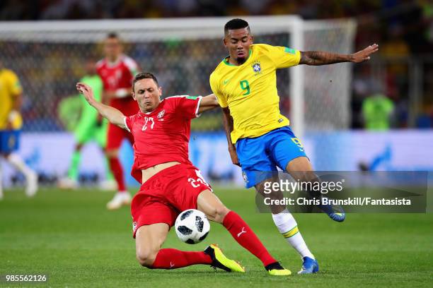 Gabriel Jesus of Brazil is tackled by Nemanja Matic of Serbia during the 2018 FIFA World Cup Russia group E match between Serbia and Brazil at...