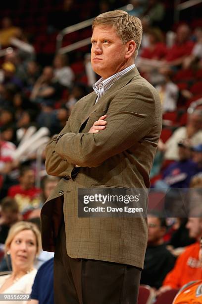 Head coach Brad Jones of the Utah Flash looks up during Game Three of the D-League playoff game against the Iowa Energy on April 11, 2010 at the...