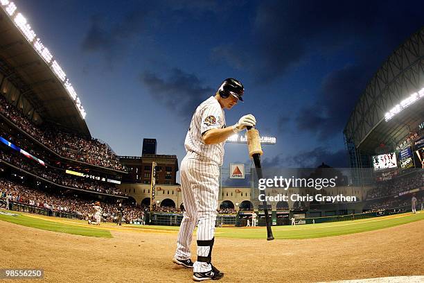 Geoff Blum of the Houston Astros on Opening Day at Minute Maid Park on April 5, 2010 in Houston, Texas.