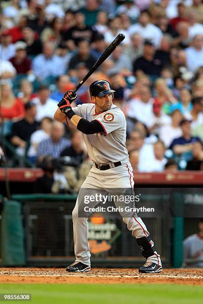 Mark DeRosa of the San Francisco Giants bats against the Houston Astros on Opening Day at Minute Maid Park on April 5, 2010 in Houston, Texas.