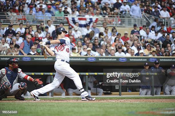 Minnesota Twins Joe Mauer in action, at bat vs Boston Red Sox. Jackie Robinson Day. Minneapolis, MN 4/15/2010 CREDIT: Tom Dahlin