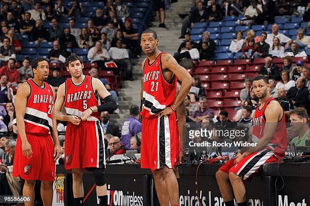 Andre Miller, Rudy Fernandez, Marcus Camby and Brandon Roy of the Portland Trail Blazers on the court during the game against the Sacramento Kings at...