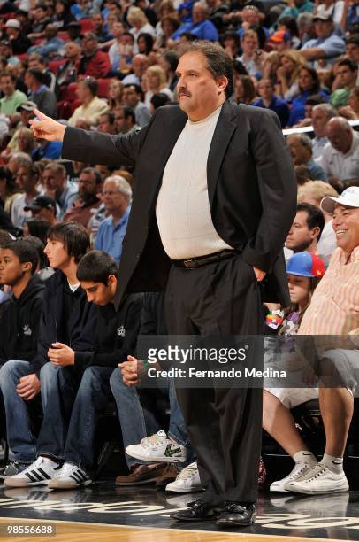 Head coach Stan Van Gundy of the Orlando Magic gestures from the sideline during the game against the Charlotte Bobcats on March 14, 2010 at Amway...