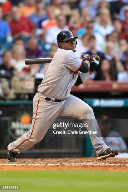 Juan Uribe of the San Francisco Giants of the Houston Astros on Opening Day at Minute Maid Park on April 5, 2010 in Houston, Texas.