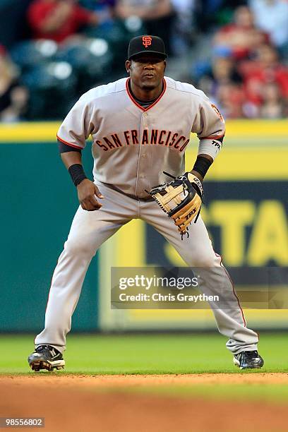 Juan Uribe of the San Francisco Giants of the Houston Astros on Opening Day at Minute Maid Park on April 5, 2010 in Houston, Texas.