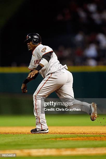 Juan Uribe of the San Francisco Giants of the Houston Astros on Opening Day at Minute Maid Park on April 5, 2010 in Houston, Texas.