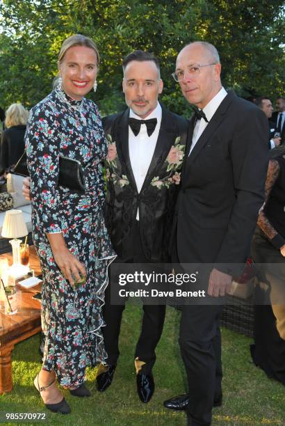 Sarah Walter, David Furnish and Dylan Jones attend the Argento Ball for the Elton John AIDS Foundation in association with BVLGARI & Bob and Tamar...