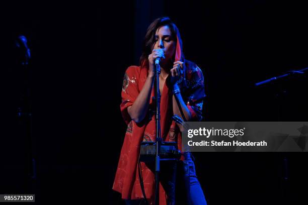 Singer Yasmine Hamdan performs live on stage during a concert as support for David Byrne at Tempodrom on June 27, 2018 in Berlin, Germany.