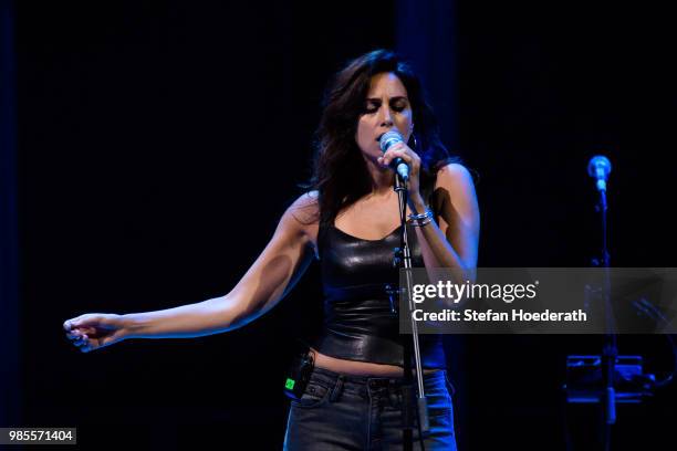 Singer Yasmine Hamdan performs live on stage during a concert as support for David Byrne at Tempodrom on June 27, 2018 in Berlin, Germany.