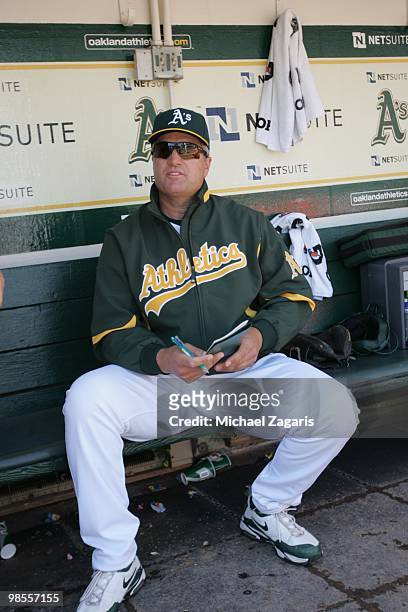 Manager Bob Geren of the Oakland Athletics standing in the dugout prior to the game against the Seattle Mariners at the Oakland Coliseum in Oakland,...