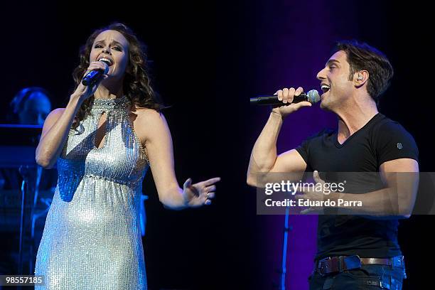 Singers David Bustamante and Shaila Durcal perform during a concert at the Lope de Vega Theatre on April 19, 2010 in Madrid, Spain.