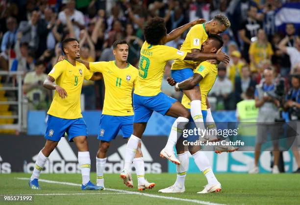 Paulinho of Brazil celebrates his goal with Neymar Jr, from left Gabriel Jesus, Philippe Coutinho, Willian during the 2018 FIFA World Cup Russia...