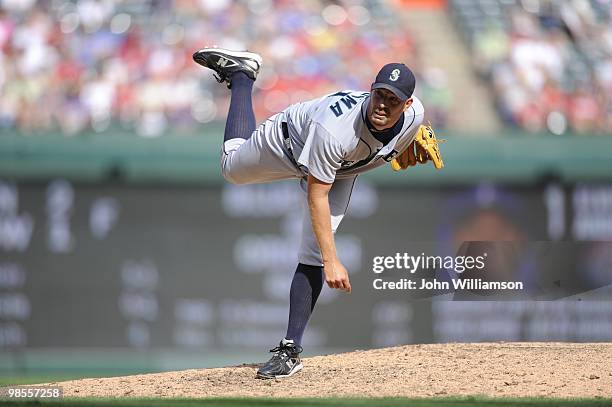 David Aardsma of the Seattle Mariners pitches during the game against the Texas Rangers at Rangers Ballpark in Arlington in Arlington, Texas on...