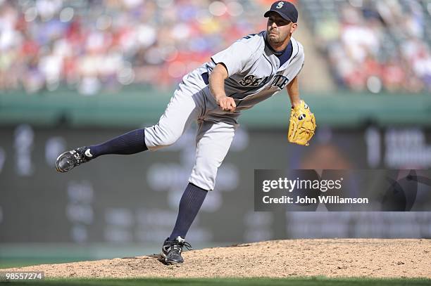 David Aardsma of the Seattle Mariners pitches during the game against the Texas Rangers at Rangers Ballpark in Arlington in Arlington, Texas on...