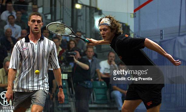 Jonathon Power of Canada [right] in action during his semi-final match with David Palmer of Australia in the Halifax Equitable Super Squash Finals at...