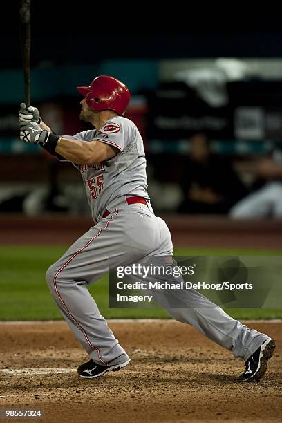 Ramon Hernandez of the Cincinnati Reds bats during a MLB game against the Florida Marlins at Sun Life Stadium on April 12, 2010 in Miami, Florida....