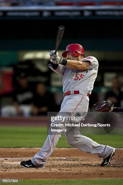 Ramon Hernandez of the Cincinnati Reds bats during a MLB game against the Florida Marlins at Sun Life Stadium on April 12, 2010 in Miami, Florida....