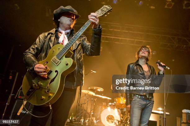 Sylvain Sylvain and David Johansen of New York Dolls perform on stage at KOKO on April 19, 2010 in London, England.