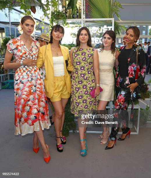 Sabrina Percy, Betty Bachz, guest, Lexi Abrams, and Emma Weymouth attend the Perrier Jouet VIP reception on the Perrier Jouet Champagne Terrace at...