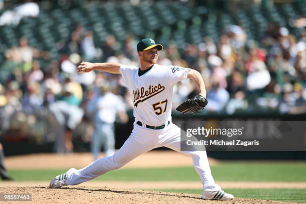 Chad Gaudin of the Oakland Athletics pitching during the game against the Seattle Mariners at the Oakland Coliseum in Oakland, California on April 8,...