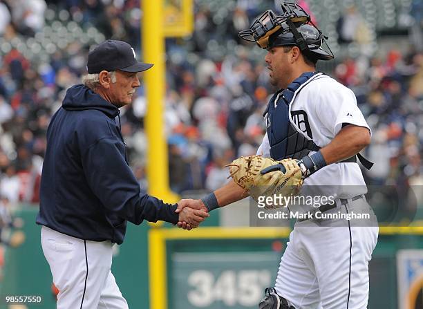 Manager Jim Leyland and Gerald Laird of the Detroit Tigers shake hands after the Opening Day victory against the Cleveland Indians at Comerica Park...