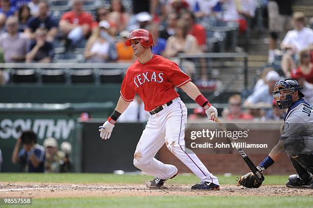 Michael Young of the Texas Rangers bats during the game against the Seattle Mariners at Rangers Ballpark in Arlington in Arlington, Texas on...