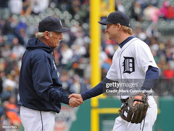 Manager Jim Leyland and Adam Everett of the Detroit Tigers shake hands after the Opening Day victory against the Cleveland Indians at Comerica Park...