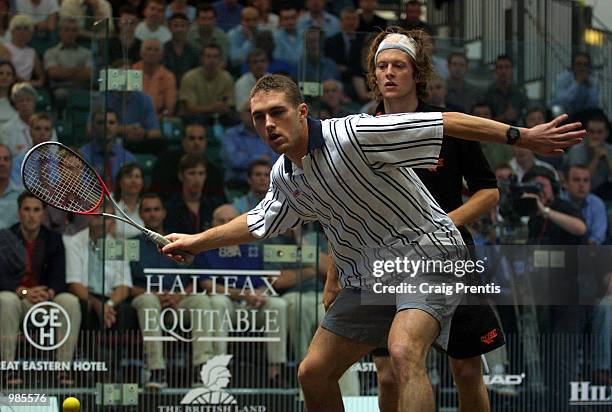 David Palmer of Australia [left] in action during his semi-final match with Jonathon Power of Canada in the Halifax Equitable Super Squash Finals at...