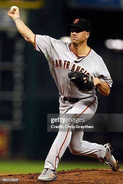 Brian Wilson of the San Francisco Giants pitches against the Houston Astros on Opening Day at Minute Maid Park on April 5, 2010 in Houston, Texas.