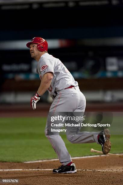 Scott Rolen of the Cincinnati Reds runs to first base during a MLB game against the Florida Marlins at Sun Life Stadium on April 12, 2010 in Miami,...