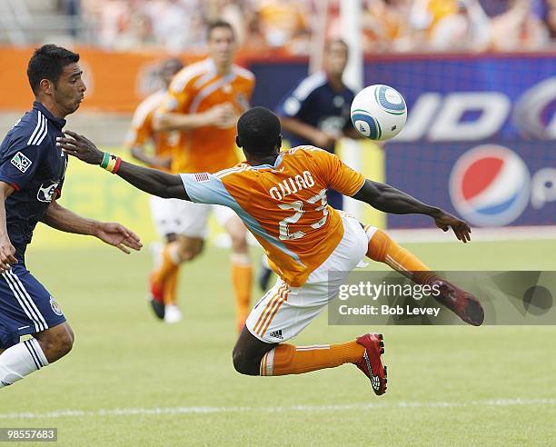 Dominic Oduro of the Houston Dynamo clears the ball at Robertson Stadium on April 17, 2010 in Houston, Texas.