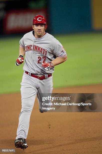 Scott Rolen of the Cincinnati Reds runs to third base during a MLB game against the Florida Marlins at Sun Life Stadium on April 12, 2010 in Miami,...