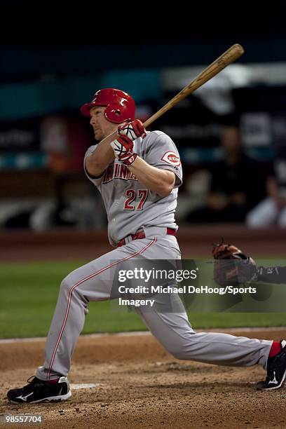 Scott Rolen of the Cincinnati Reds bats during a MLB game against the Florida Marlins at Sun Life Stadium on April 12, 2010 in Miami, Florida. (Photo...