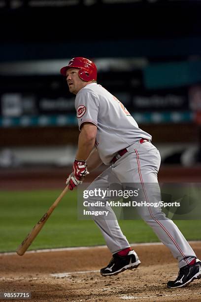 Scott Rolen of the Cincinnati Redsbats during a MLB game against the Florida Marlins at Sun Life Stadium on April 12, 2010 in Miami, Florida. (Photo...