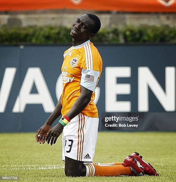 Dominic Oduro of the Houston Dynamo looks back at the referee thinking he was fouled on the play at Robertson Stadium on April 17, 2010 in Houston,...