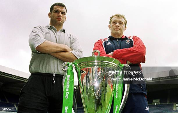 Captains Martin Johnson of Leicester Tigers and Christophe Juillet of Stade Fancais before tommorows Heineken Cup final at the Parc de Princes,...