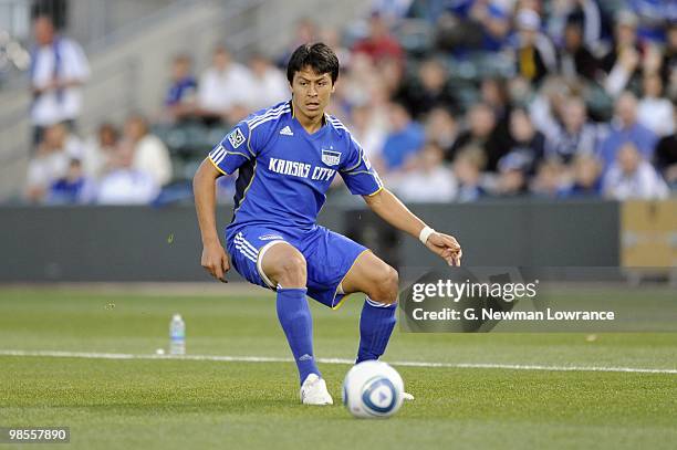 Roger Espinoza of the Kansas City Wizards plays the ball during their MLS match against the Colorado Rapids on April 10, 2010 at Community America...