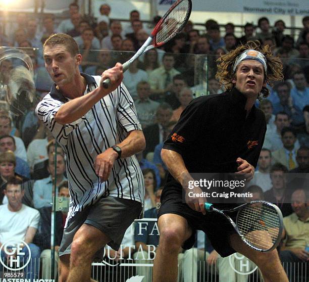 David Palmer of Australia [left] in action during his semi-final match with Jonathon Power of Canada in the Halifax Equitable Super Squash Finals at...