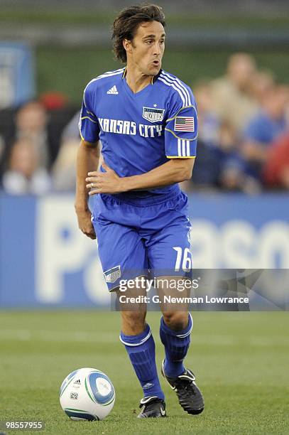 Josh Wolff of the Kansas City Wizards paces the ball during their MLS match against the Colorado Rapids on April 10, 2010 at Community America Park...