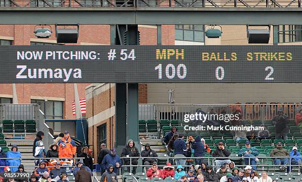 The Comerica Park scoreboard displays a 100 MPH pitch by Joel Zumaya of the Detroit Tigers against the Cleveland Indians during Opening Day at...