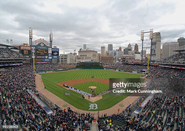 General wide angle view of Comerica Park as players are lined up during pre-game ceremonies before the Opening Day game between the Detroit Tigers...