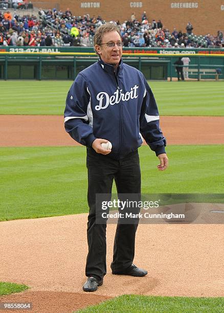 Detroit native and actor Tim Allen participates in the Opening Day ceremonies before the game between the Detroit Tigers and the Cleveland Indians at...