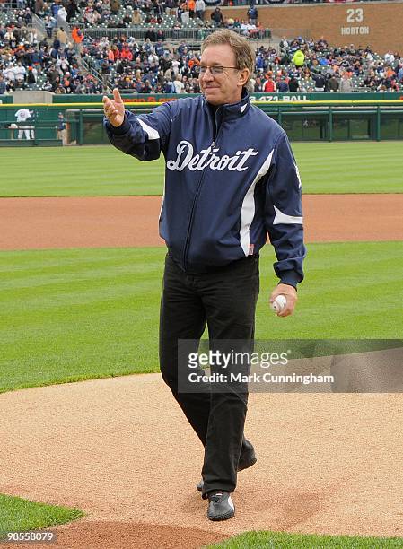 Detroit native and actor Tim Allen participates in the Opening Day ceremonies before the game between the Detroit Tigers and the Cleveland Indians at...