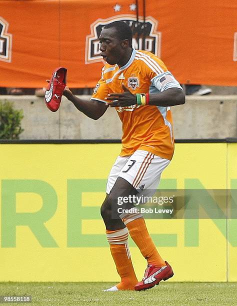 Dominic Oduro of the Houston Dynamo celebrates after his second half goal against Chivas USA at Robertson Stadium on April 17, 2010 in Houston, Texas.