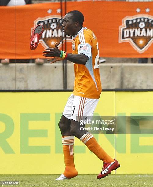 Dominic Oduro of the Houston Dynamo celebrates after his second half goal against Chivas USA at Robertson Stadium on April 17, 2010 in Houston, Texas.
